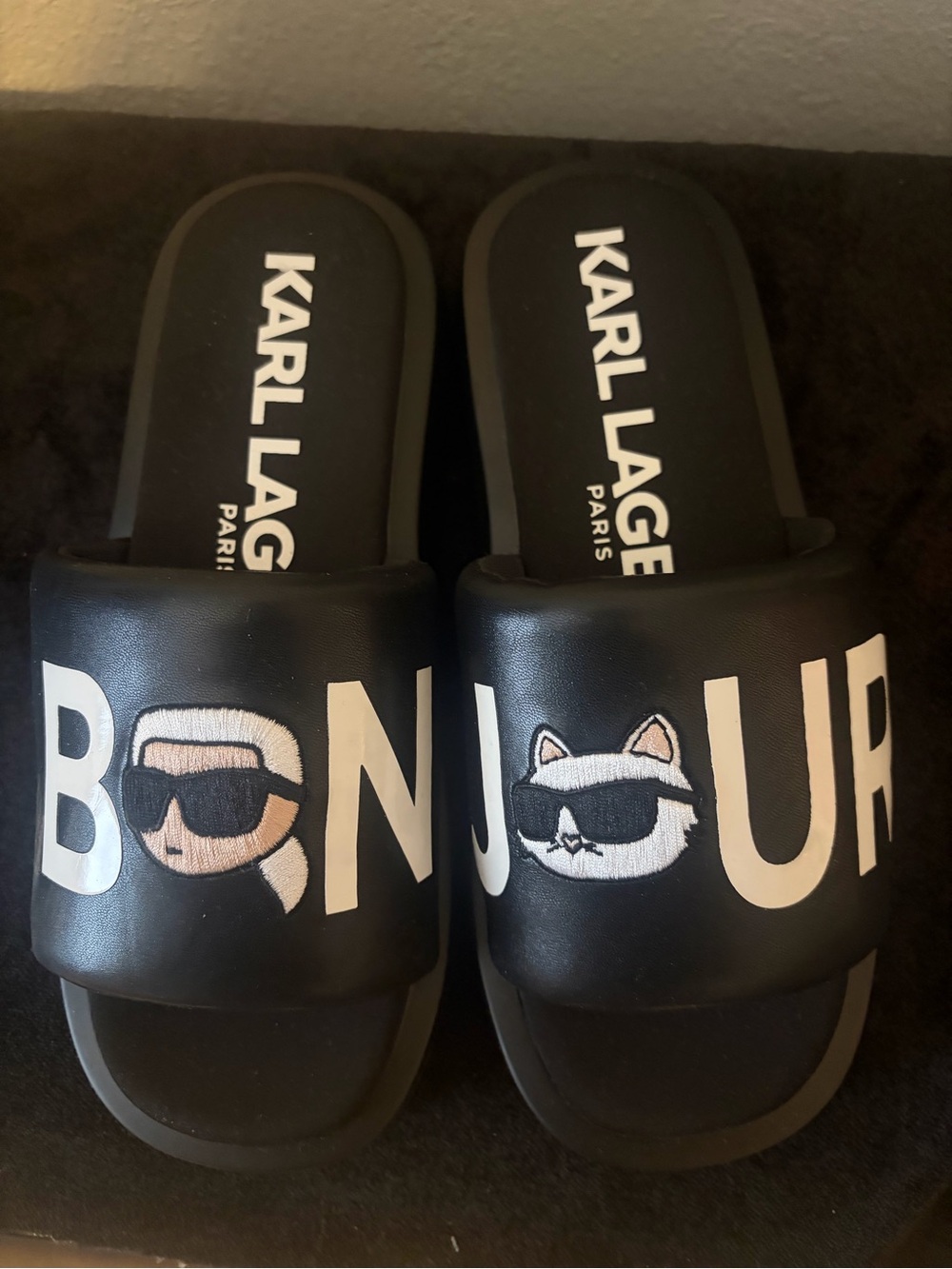 Karl Lagerfeld Black 'Bonjour' woman’s Sandals with Graphic Icons